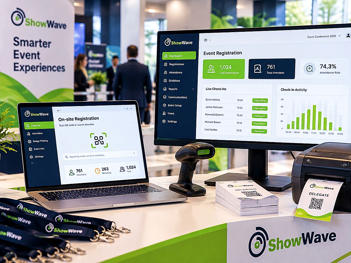 ShowWave on-site equipment with laptop and monitor