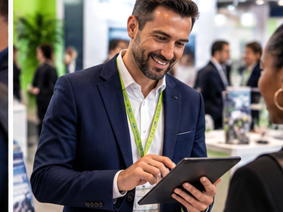 Exhibitor capturing visitor details on a tablet