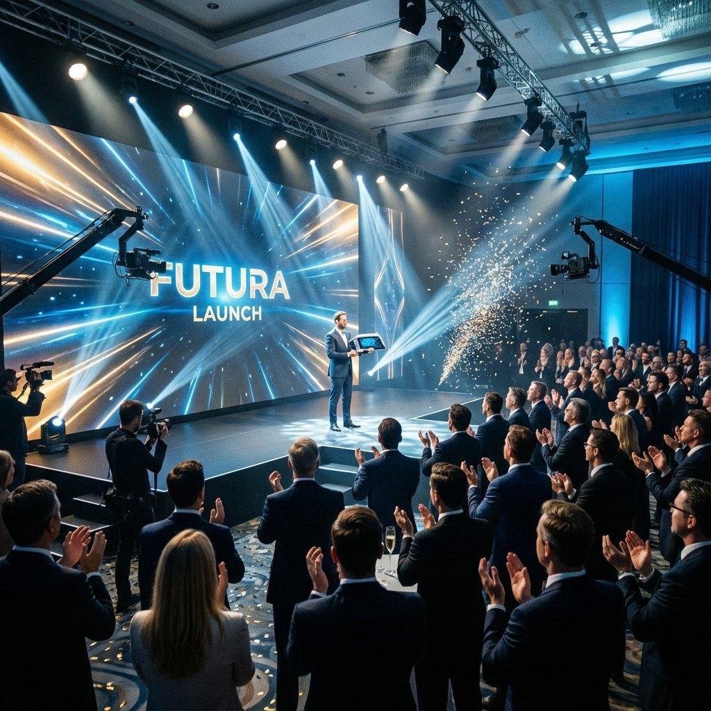 Corporate product launch with audience applauding a presenter on stage