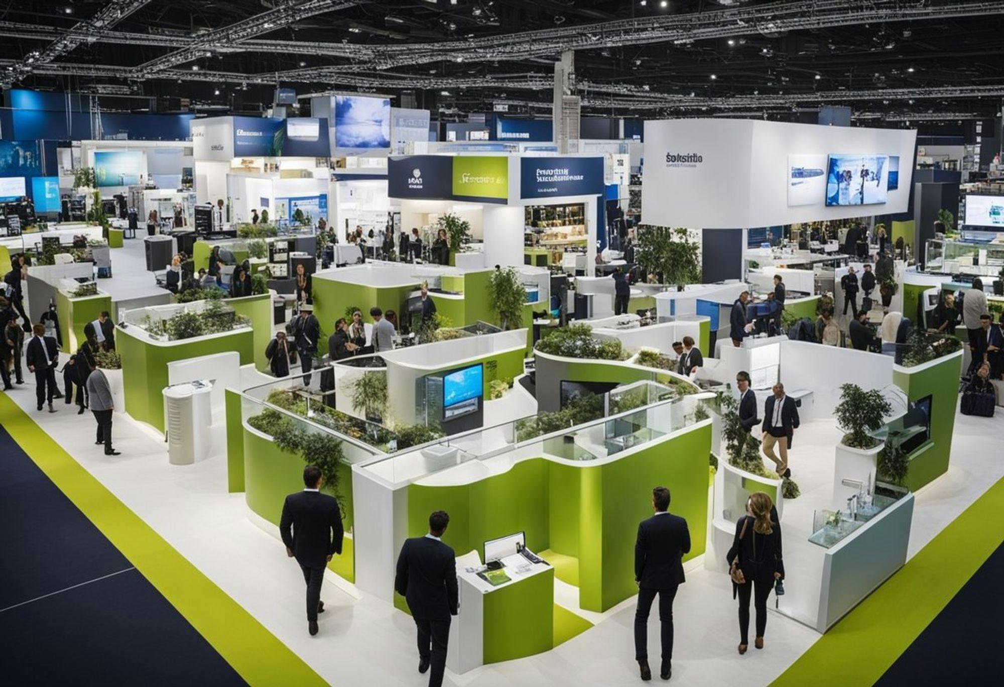 Busy exhibition floor with visitors moving through a modern exhibition hall