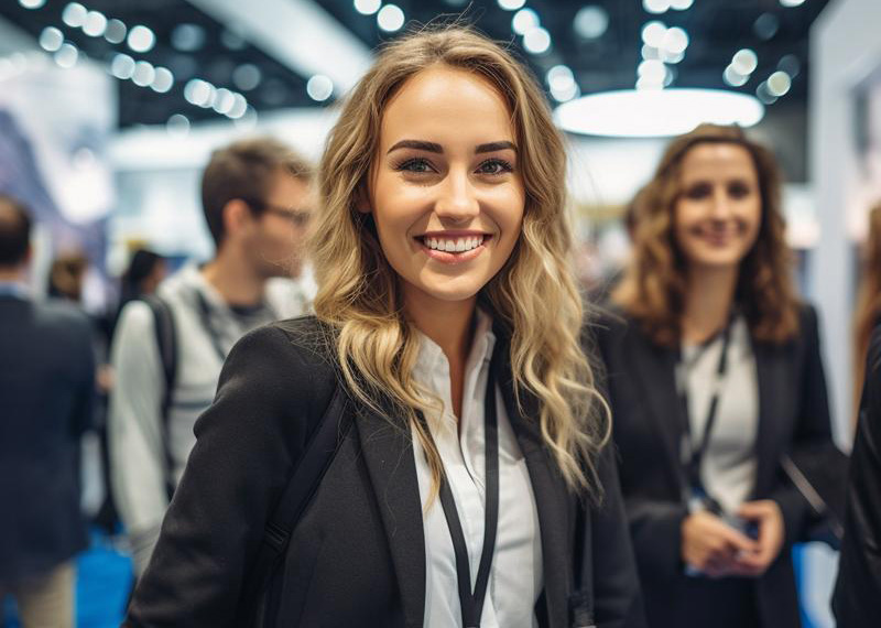 Professional event attendee smiling at a business networking event