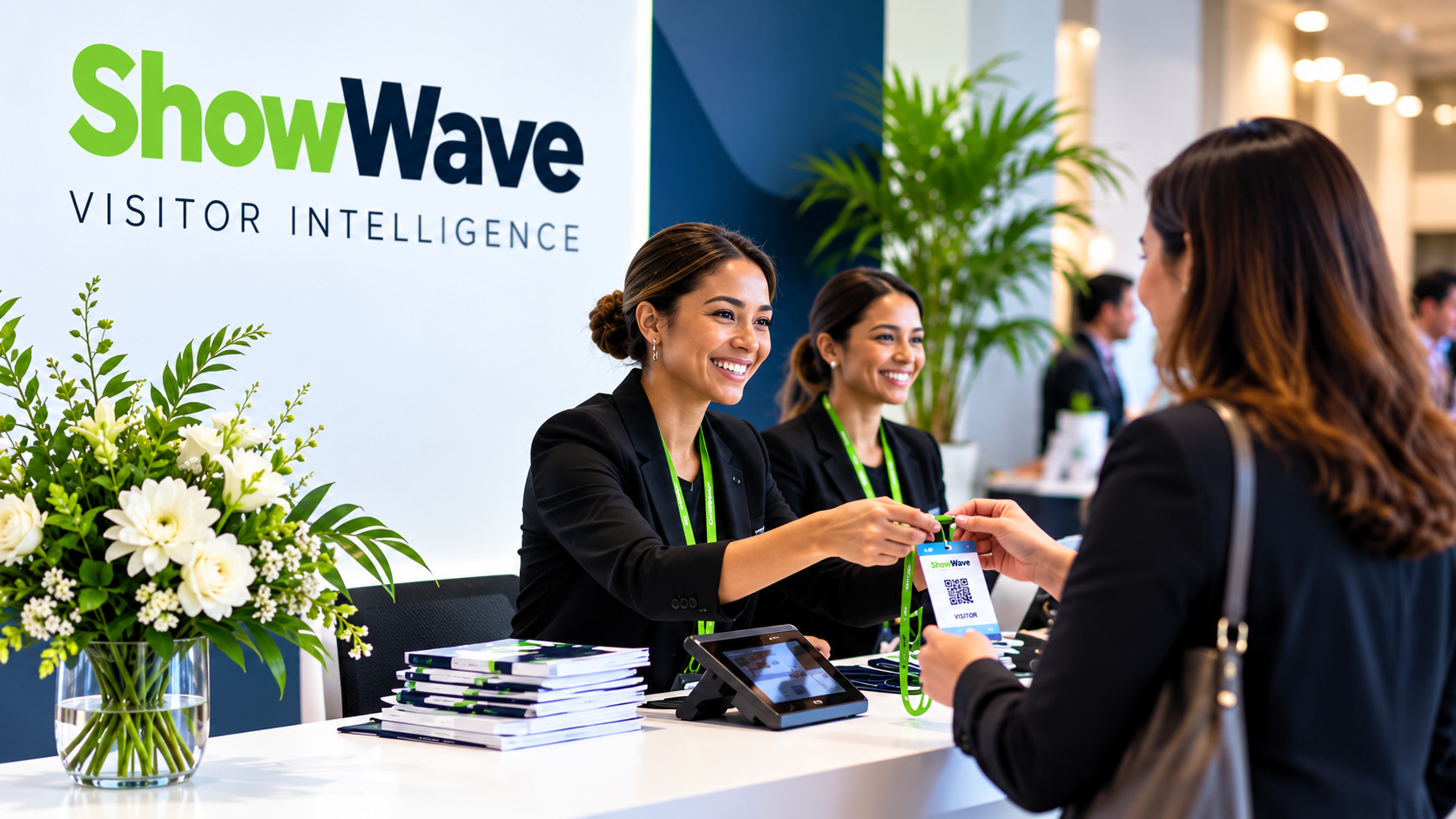 Friendly ShowWave registration staff welcoming an attendee and handing over a visitor badge